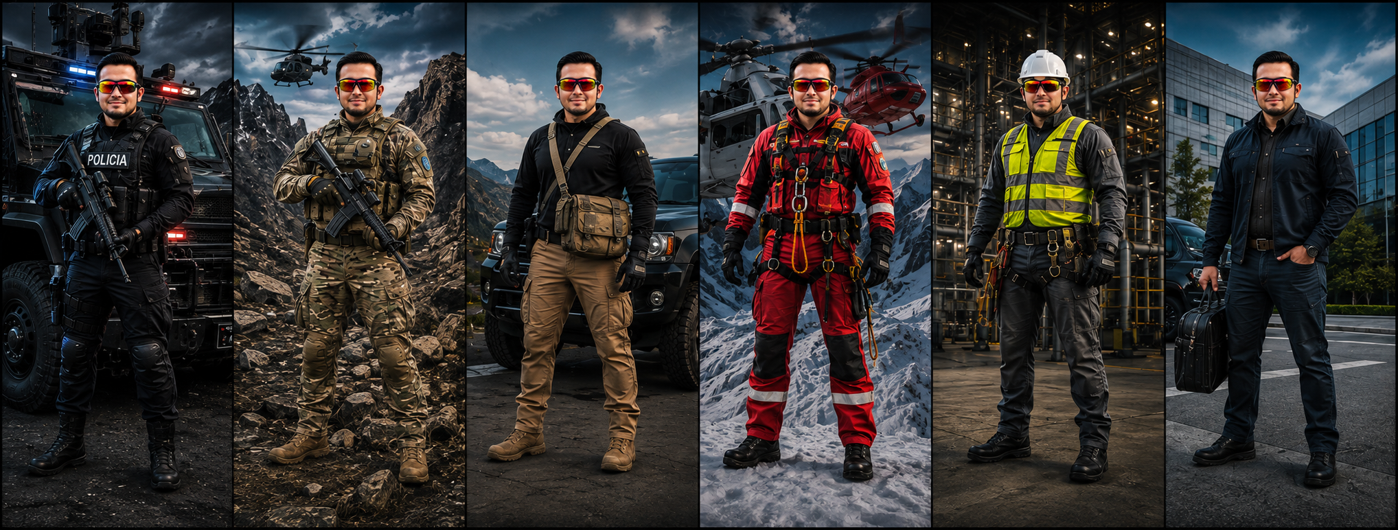 Freddy Sarzosa Mr. Puma 40 — seis perfiles profesionales: policía, militar, táctico, rescate, industrial y ejecutivo