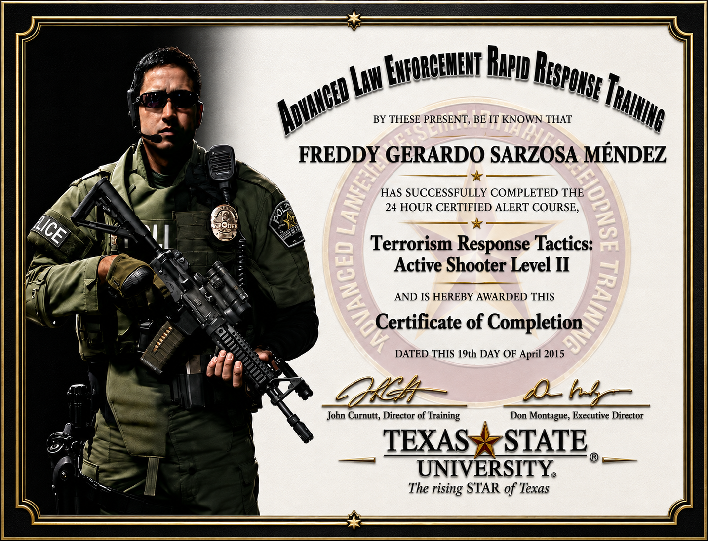 Certificado ALERT — Terrorism Response Tactics: Active Shooter Level II — Texas State University, abril 2015