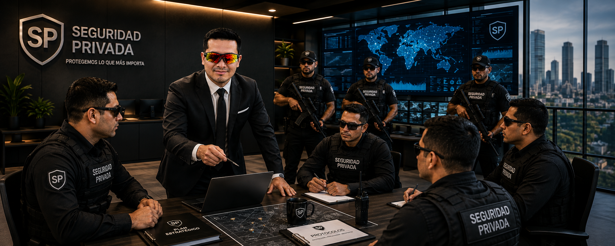 Banner Ejecutivo Puma — sala de operaciones y equipo de seguridad privada
